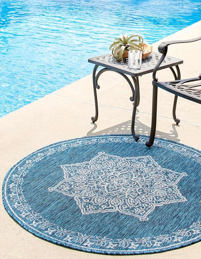 Unique Loom Outdoor Traditional Collection Area Rug - Antique (6' 1" Round Teal/Ivory)