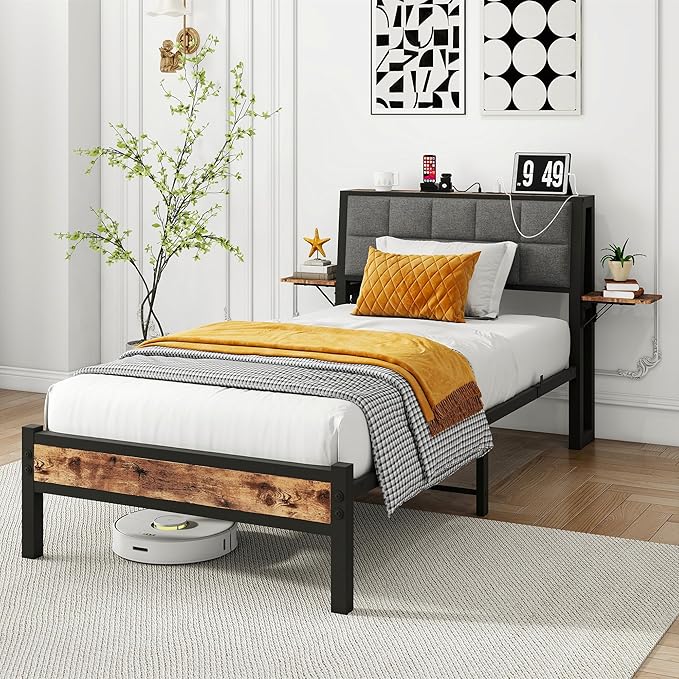 Twin Bed Frame with Storage Headboard,Upholstered Platform Bed Frame Twin with Charging Station and Bedside Shelf,Heavy Duty Metal Slats,Under Bed Storage,No Box Spring Needed,Noise Free,Grey