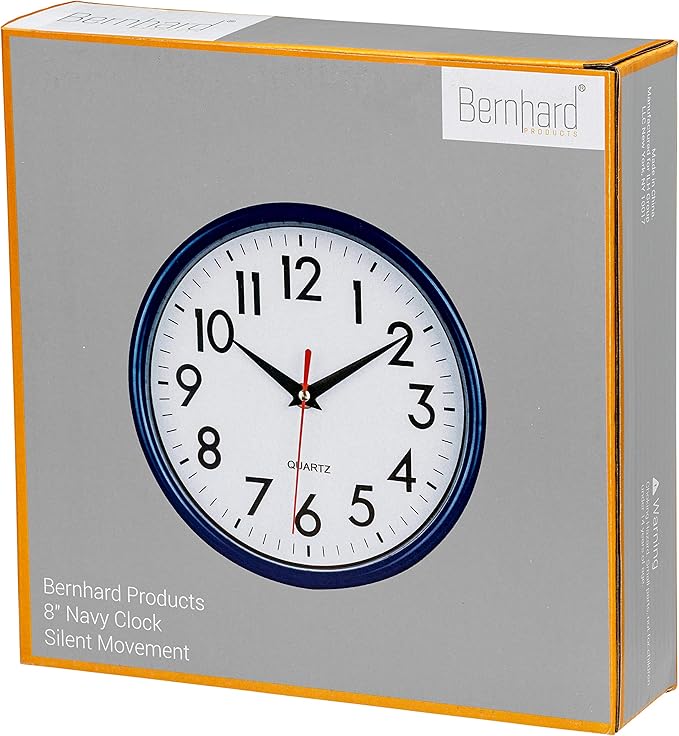 Bernhard Products Navy Blue Wall Clock 8" Silent Non-Ticking Quality Quartz Battery Operated Small Clock for Boys/Kitchen/Classroom/Office/Nursery Room Easy to Read