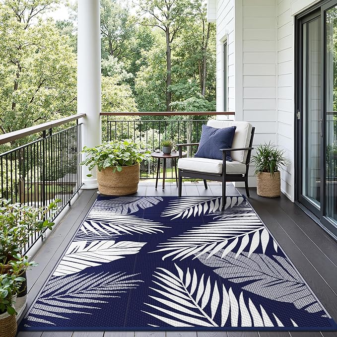 Outdoor Rug 8’x10’ Waterproof for Patio Clearance, Reversible Indoor Outdoor Plastic Straw Camping Rug Carpet, RV Mat, Large Area Rug for Deck, Backyard, Balcony, Porch, Beach, Blue & White