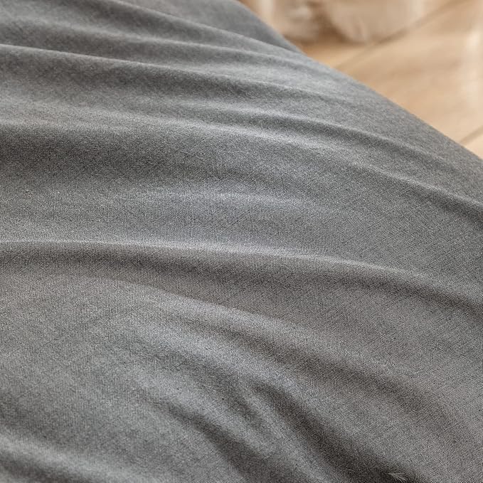 BESTOUCH Duvet Cover Set 100% Washed Cotton Linen Feel Super Soft Comfortable Chic Lightweight 3 PCs Home Bedding Set Solid Dark Grey Super King