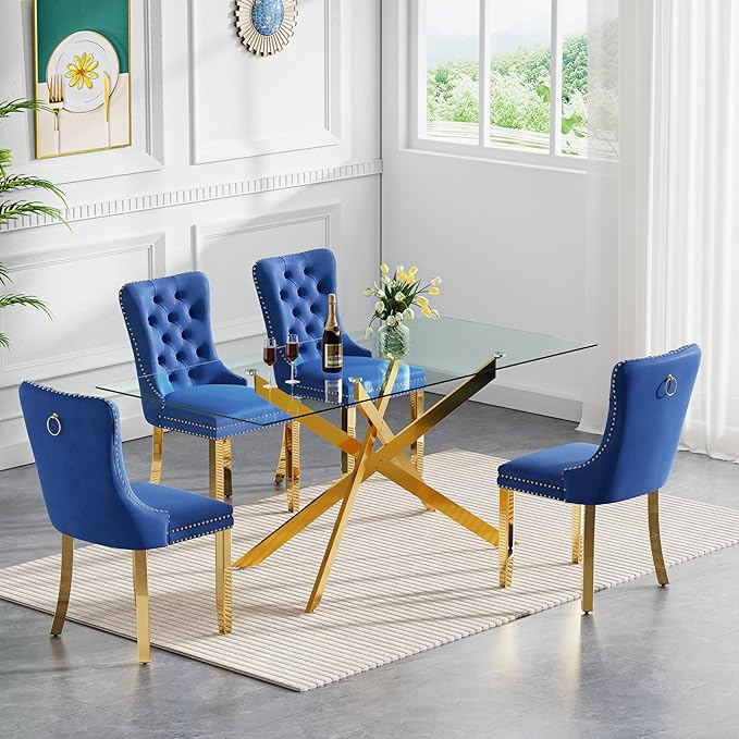 Goujxcy 7 Piece Glass Dining Table Set Modern Glass Dining Table Set for 6, 61" Rectangular Gold Kitchen Table and 6 Velvet Upholstered Chairs, Gold Table & Blue Chair