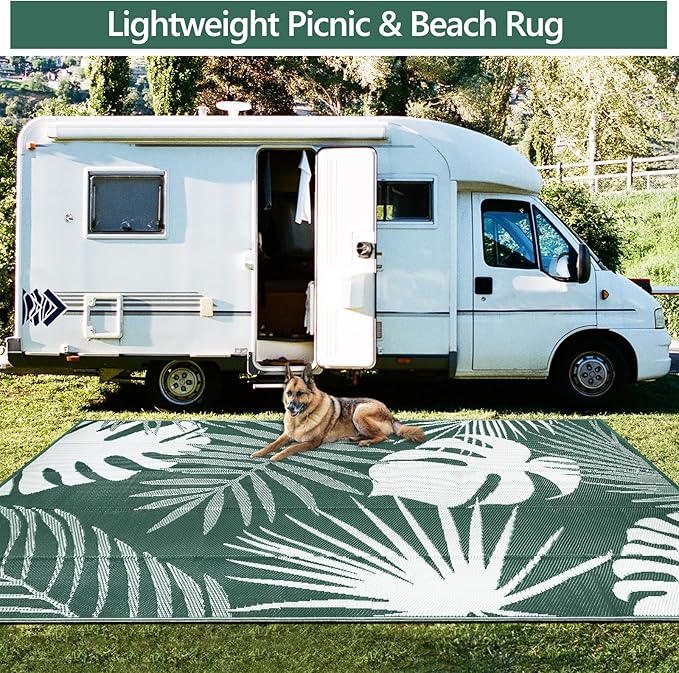 Waterproof Outdoor Rug 8x10 ft, Reversible Plastic Straw Mat with Leaf Pattern, Large Floor Mat for Patio, Camping, Picnic, Backyard RV, Deck, Dark Green