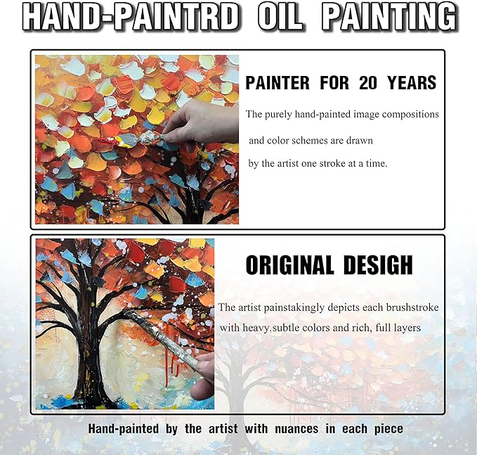 Zoyotago Large Canvas Wall Art for Living Room Bedroom Home Office Orange Yellow Tree of Life Wall Art Modern Hand-painted Oil Painting Size 29x59
