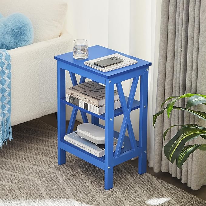 VECELO End Table, Bedside Table, 24" Tall Living Room End Tables, X-Design Reinforced Nightstands, Side Table with 3-Tier Storage Shelves for Small Spaces, Office, Bathroom, Bedroom, Dark Blue