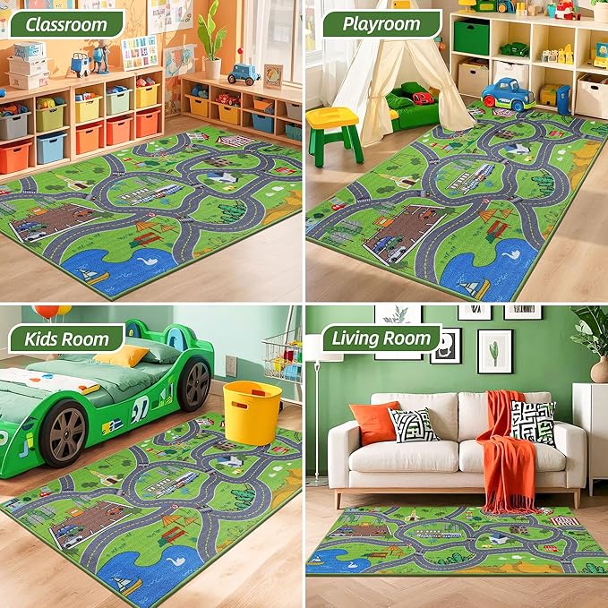 BEQHAUSE Kids Play Mat, Green City Map Race Track Children Rugs Great for Playing with Cars, 32”x60” Play Area Rug Road Rugs for Kids Bedroom, Toddler Classroom and Baby Playroom