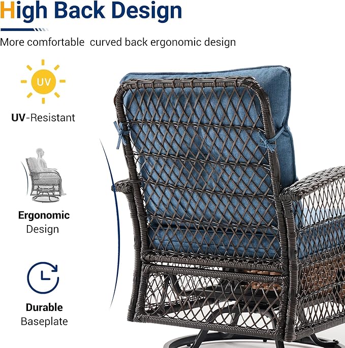 UDPATIO Patio Furniture Set 360 Swivel Chair 3 Piece Patio Set Wicker Outdoor Chair with Coffee Table for Yard, Bistro, Balcony, Blue