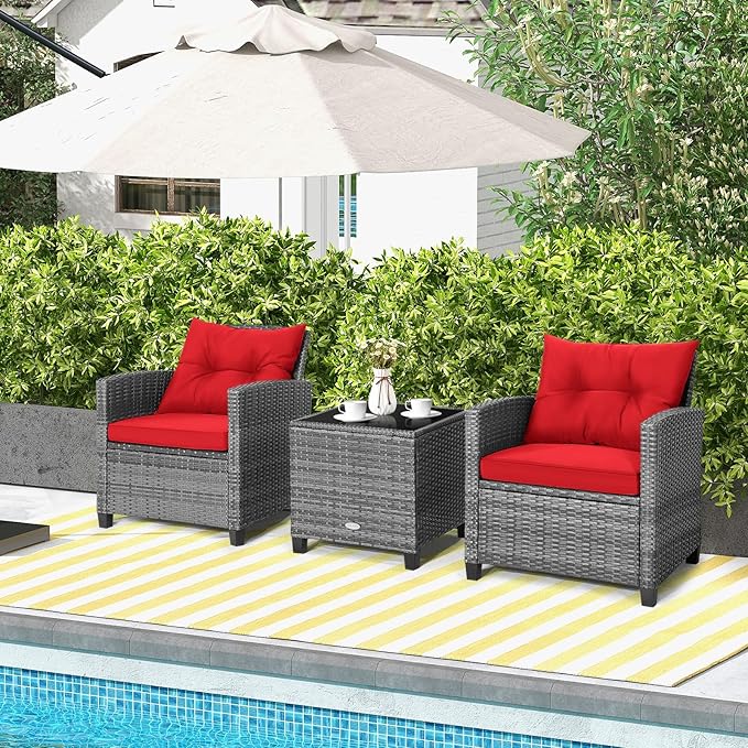 Tangkula 3 Pieces Patio Furniture Set, Outdoor PE Rattan Conversation Chair Set with Tempered Glass Side Table and Removable Cushions, PE Wicker Chairs and Table Set for Porch, Balcony and Garden