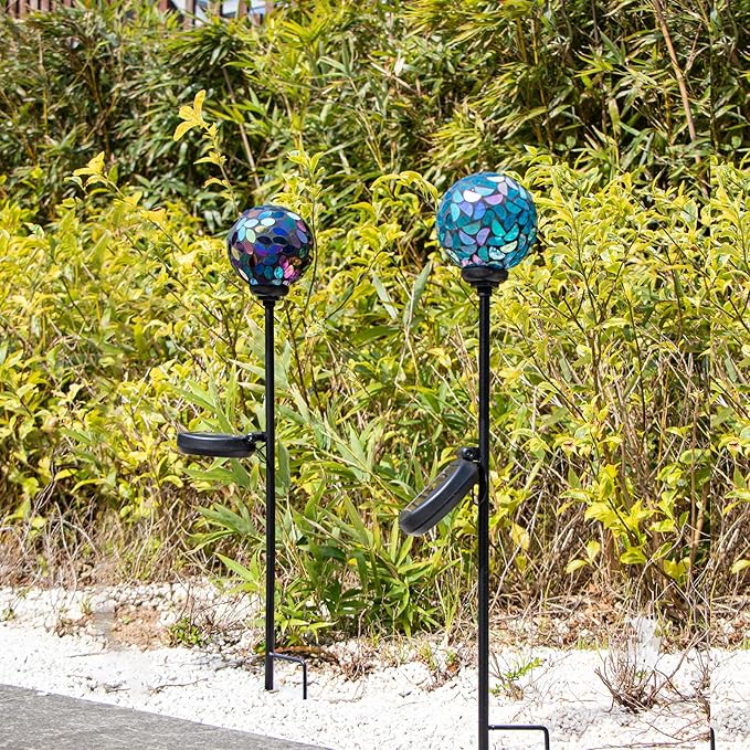 VCUTEKA Solar Garden Decorative Lights Outdoor, Mosaic Solar Light Waterproof LED Pathway Stake Light for Landscape Patio Yard Deck Walkway Decoration, 2 Pack (Blue&Purple)