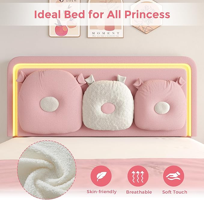 Full Size Upholstered Bed Frame with LED Lights, Girls Bed with Adjustable Chic Double Headboard, Boucle Princess Platform Bed for Girls, Solid Wood Slats Support, No Box Spring Needed, Pink