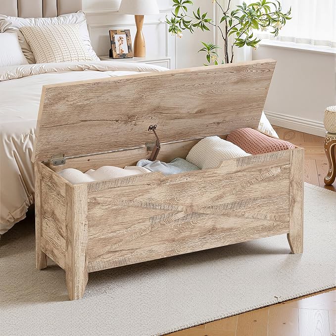 VECELO 43.3" Farmhouse Style Storage Bench, Entryway Shoe Ottoman, with Handwoven Cushion, with Metal Safety Hinges, for Bedroom, Living Room, Entryway, Light Wood