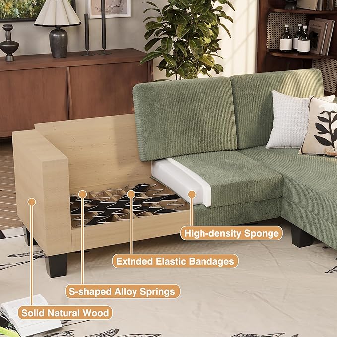 VICTONE Convertible Sectional Sofa Couch, 3 Seat L-Shaped Sofa with Linen Fabric Ottoman Small Couch for Small Apartments, Living Room and Office (Corduroy, Green)