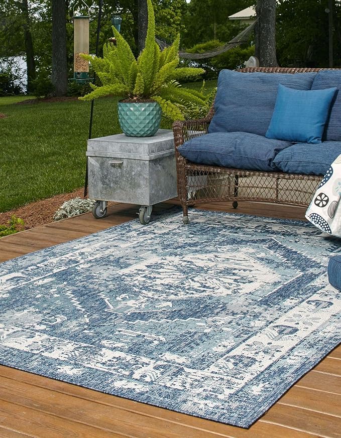 Unique Loom Outdoor Traditional Collection Area Rug - Valeria (9' x 12' 2" Rectangle, Blue/ Ivory)