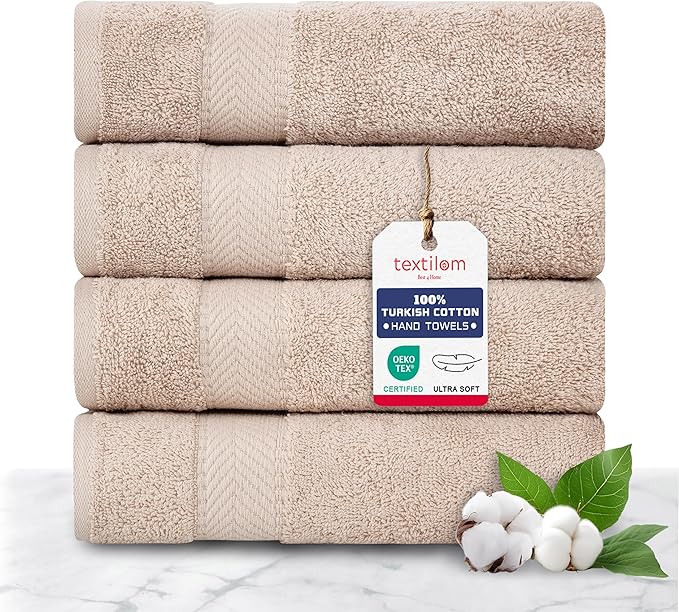 TEXTILOM 100% Turkish Cotton 4 Pcs Hand Towel Set, Luxury Hand Towels for Bathroom, Soft & Absorbent Bathroom Hand Towels Set (16 x 28 inches)- Beige