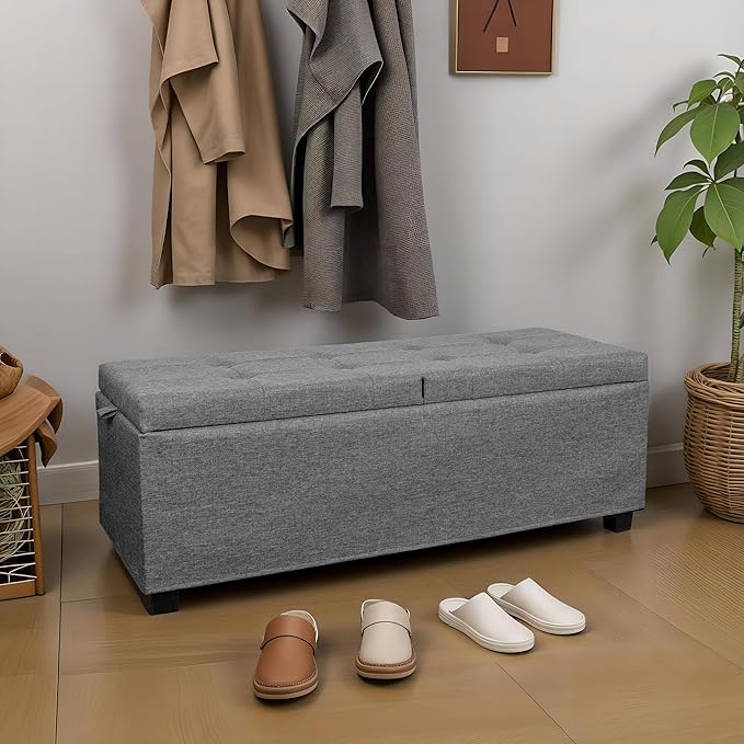 Metal Storage Ottoman, End of Bed Bench, Foot Stool with Legs, Storage Chest Footrest for Bedroom, Entryway, Living Room, 15.7 x 43 x 15.7 Inches, Linen Grey