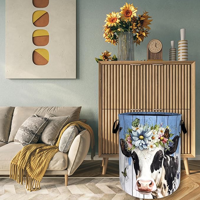 Cute Cow Laundry Basket Foldable Oxford Cloth Animal Cows Laundry Hamper With Handle Portable Clothes Storage Basket 18.9 X 16.5 Inch Storage Bag For Laundry Room/Bathroom/Bedroom