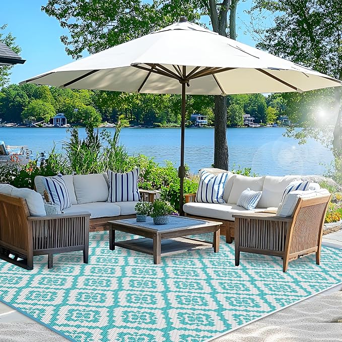 Wallona Outdoor Rugs 9x12 ft Patio Waterproof Clearance Indoor Outdoor Large Carpet for Patio Plastic Straw Reversible Area Rugs Mat for RV, Camping, Balcony, Beach, Picnic, Porch, Brick Green & White