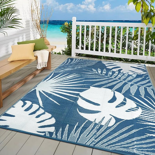 Waterproof Outdoor Rug 6x9 ft, Reversible Plastic Straw Mat with Leaf Pattern, Large Floor Mat for Patio, Camping, Picnic, Backyard RV, Deck, Blue