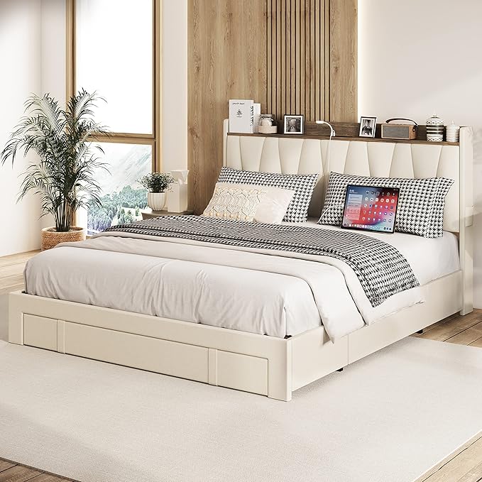 ANCTOR Queen Bed Frame with 3 Drawers, Upholstered Platform Bed with Storage Headboard and Charging Station, No Box Spring Needed, Easy Assembly, Beige