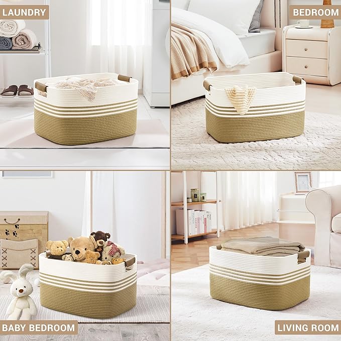 Laundry basket with leather handles for clothes,blankets,pillows,toys, towels,suitable for bedrooms and living rooms,cotton woven laundry hamper,extra large gift basket,(21"x15"x11",Khaki)
