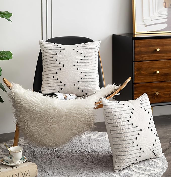 Caflife Boho Throw Pillow Covers 24x24 Set of 2 Decorative Pillows for Bed, Neutral Pillow Covers Beige with Black Line Throw Pillows for Modern Farmhouse Couch Sofa Living Room Outdoor