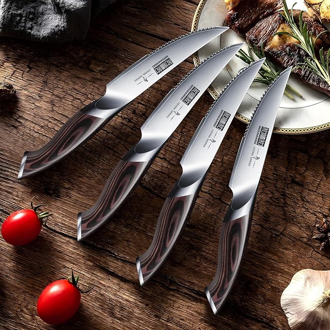 Steak Knives Set of 6, Ultra Sharp 4.5 Inch Serrated Steak Knife Set, Japanese High Carbon Steel Kitchen Steak Knives with Ergonomic Handle