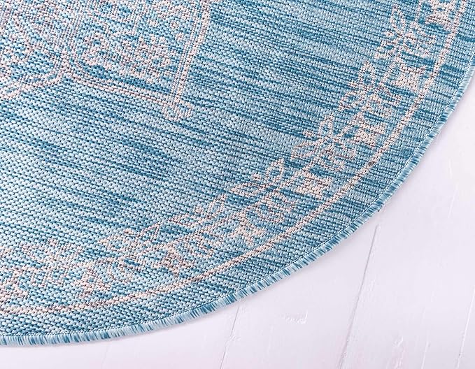 Unique Loom Outdoor Traditional Collection Area Rug - Antique (4' 1" Round, Light Aqua/ Gray)