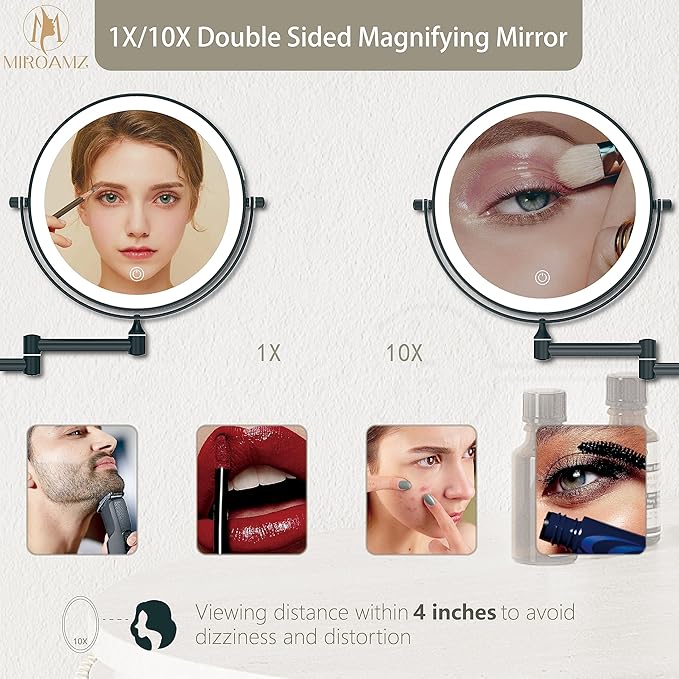 Rechargeable Wall Mounted Lighted Makeup Vanity Mirror 8 Inch Double Sided 1X 10X Magnifying Bathroom Mirror, 3 Color Lighting, Touch Screen Dimming, 360 Rotation Shaving Matte Black