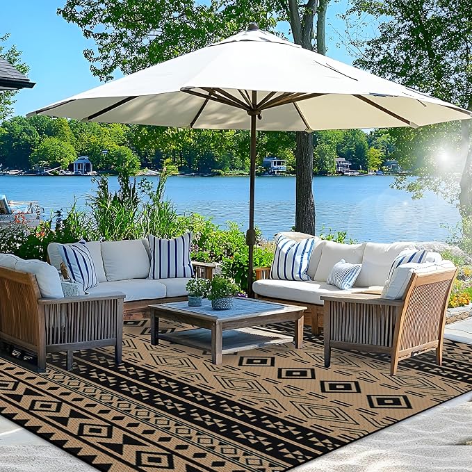 Wallona Outdoor Rugs 9x12 ft Patio Waterproof Clearance Indoor Outdoor Large Carpet for Patio Plastic Straw Reversible Area Rugs Mat for RV, Camping, Balcony, Beach, Picnic, Porch, Boho Black & Brown