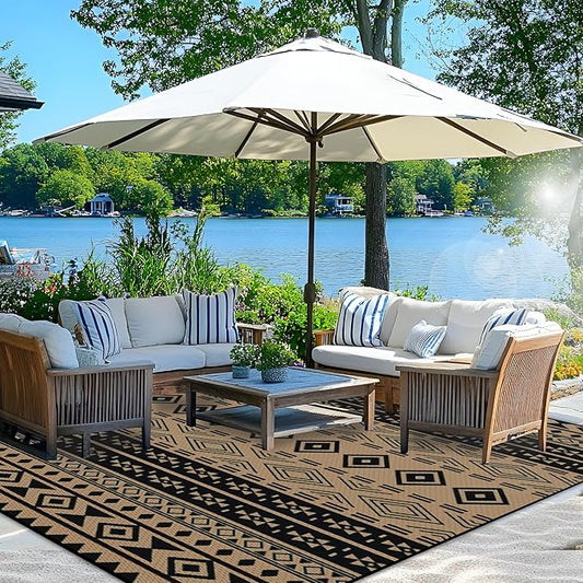 Wallona Outdoor Rugs 9x12 ft Patio Waterproof Clearance Indoor Outdoor Large Carpet for Patio Plastic Straw Reversible Area Rugs Mat for RV, Camping, Balcony, Beach, Picnic, Porch, Boho Black & Brown