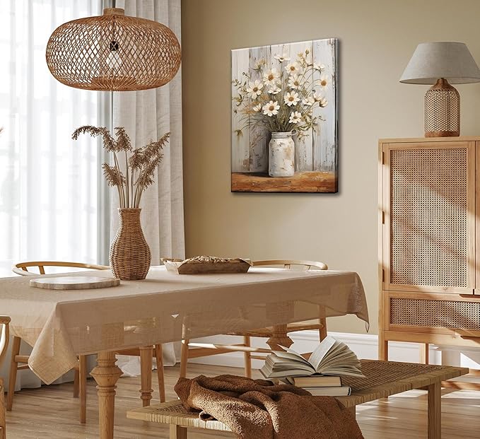 Rustic Farmhouse Daisy Floral Canvas Wall Art Vintage Neutral Country Flower Still Life Botanical Painting Picture Wall Decor Poster Print for Bathroom Living Room Bedroom Home Decoration