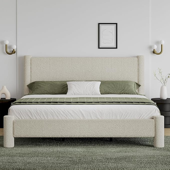 King Size Soft Bed Frame, Boucle Bed Frame with Headborad, Upholstered Platform Bed Frame with Rounded Corners, No Box Spring Required, Easy Assembly, Cream