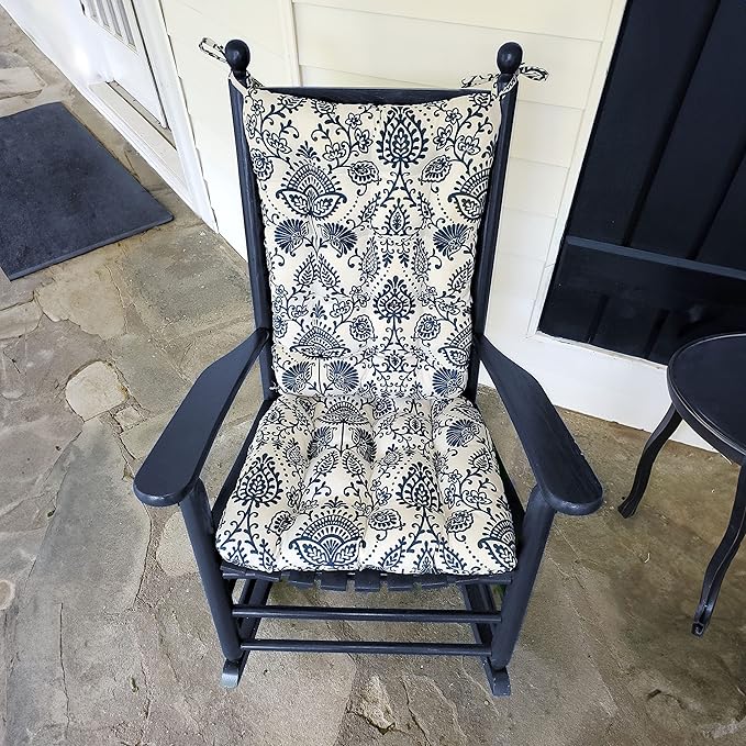 Sylvan Navy Porch Rocker Cushions - Small - Indoor/Outdoor, Fade Resistant, Weather Resistant - Latex Foam Fill Rocking Chair Seat Cushion & Backrest Pad Set - Made in USA (Blue/White)