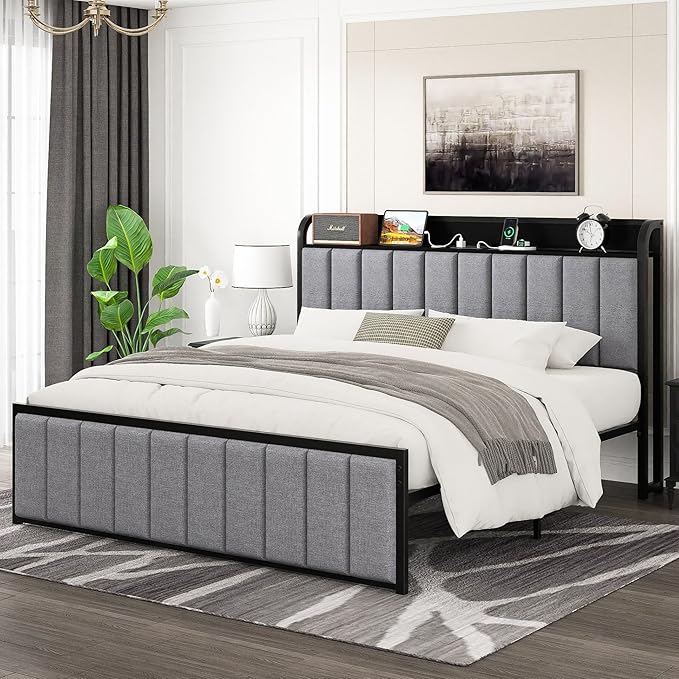 VECELO Bed Frame Full Size with Headboard, Upholstered Platform Bedframe, Heavy Duty Metal Slats, No Box Spring Needed, Easy Assembly, Grey