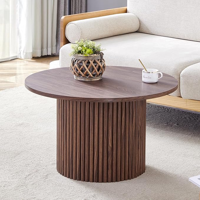 WILLIAMSPACE 27.5" Round Coffee Table with Ylindrical Leg, Modern Farmhouse Wood Circlar Center Table Accent Side End Table for Living Room Apartment, Walnut