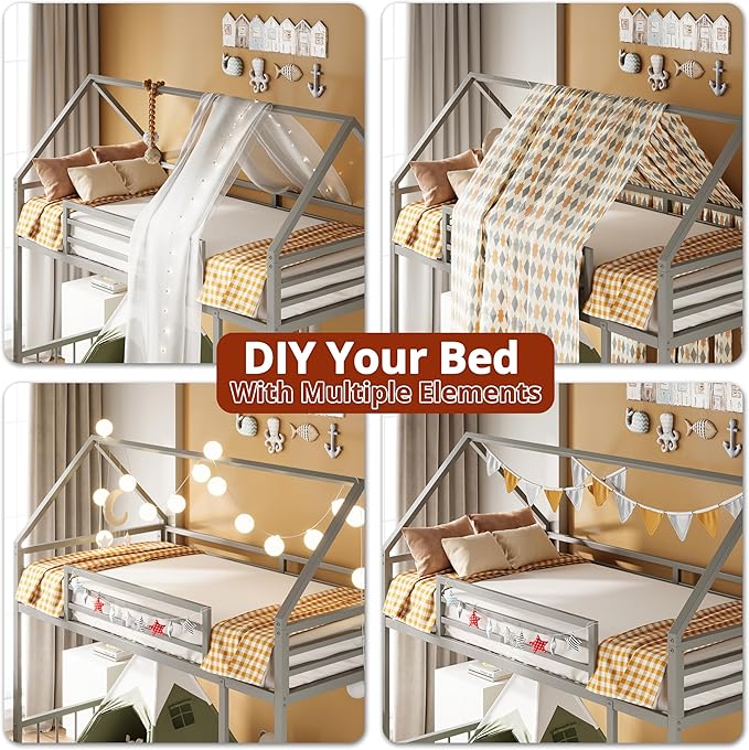 LIKIMIO Bunk Bed Twin Over Twin, House Bunk Bed Frame with Ladder and Guardrail, House Shaped with Metal Slats for Dormitory and Bedroom, Space Saving, No Box Spring Needed, Grey