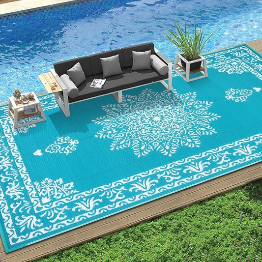 Yamaziot Outdoor Rug 9x18 Ft, Waterproof Plastic Straw Patio Rug, Reversible Backyard Carpet UV Resistant Portable RV Mat Clearance, Large Indoor Outdoor Rug for Patio, Porch, Deck, Balcony, Teal