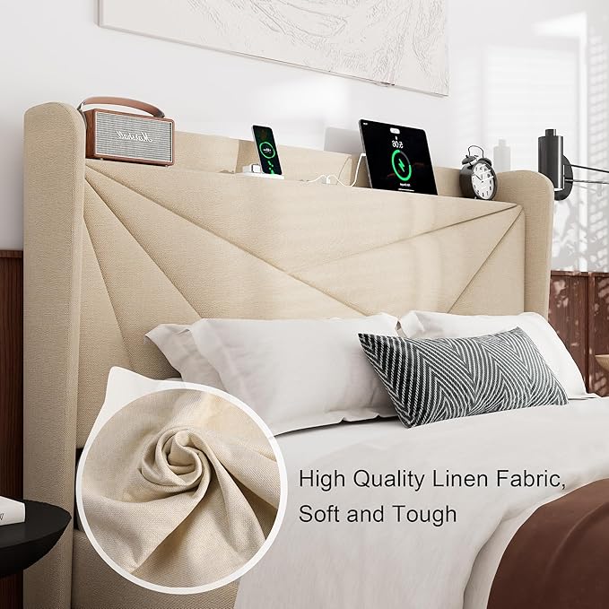 Feonase Full Bed Frame with Charging Station, Linen Upholstered Platform Bedframe with Wingback Headboard, Solid Wood Slats Support, Noise Free, No Box Spring Needed, Beige