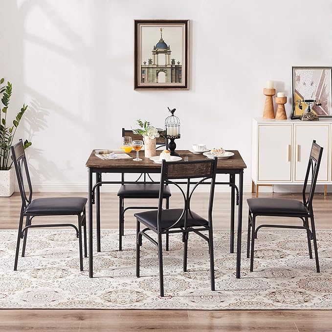 VECELO Kitchen Dining Room Table Set with 4 Chairs for Small Space, Apartment,Metal Steel Frame