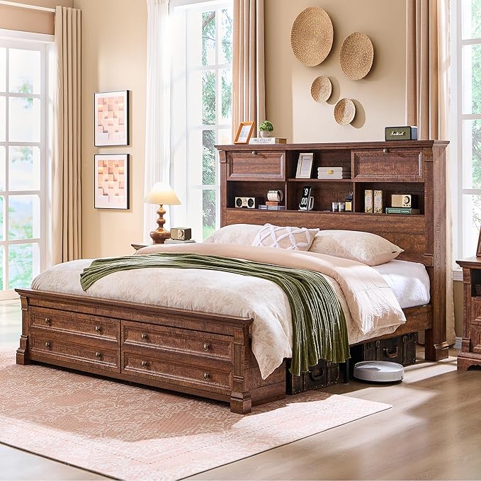 Farmhouse Queen Size Bed Frame with 54" Tall Headboard, Headboard with 4 Storage Rack, 2 Drawers, Wood Platform Bed Frame,18" Roman Column Decoration Footboard,No Box Spring Needed(Reclaimed Barnwood)