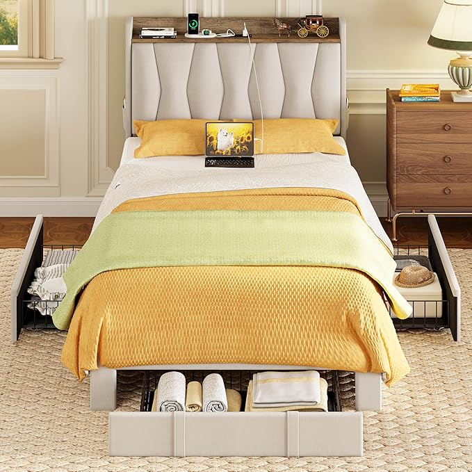 ANCTOR Twin XL Bed Frame with 3 Drawers, Upholstered Platform Bed with Storage Headboard and Charging Station, No Box Spring Needed, Easy Assembly, Beige