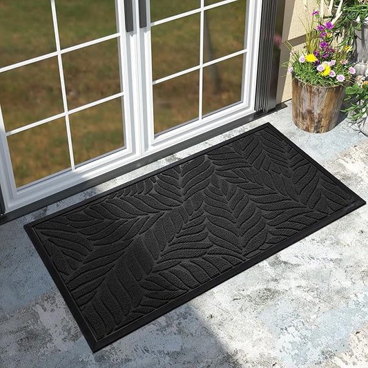 Yimobra Front Door Mat Outdoor Indoor, 47x24 All-Season Waterproof Welcome Mat, All-Weather Outside Entrance Mat, Non-Slip Patio Porch Doormat, Low Profile, Fade Resistant, Black