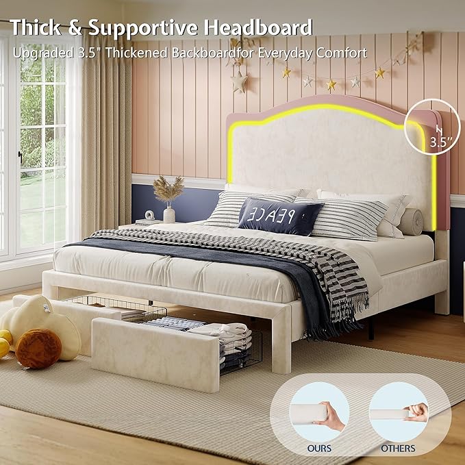 Jocisland Queen Bed Frame with Storage Drawers, 51" Adjustable Velvet Headboard, RGB LED Lights, Upholstered Platform Bed, Modern Bed for Teens, Guest Room, No Box Spring Needed, Cream
