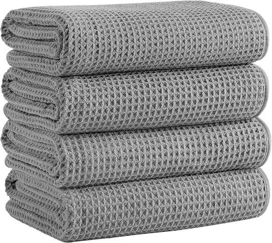 Microfiber Waffle Bath Towels, 4 Pieces, Soft, Absorbent, Fast Drying, Lint Free (Gray)