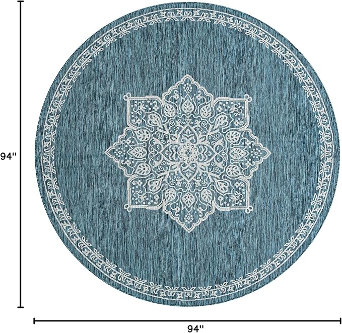 Unique Loom Outdoor Traditional Collection Area Rug - Antique (7' 10" Round Teal/Ivory)