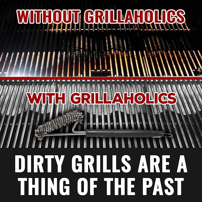 Grillaholics Essentials Grill Brush Steel - Triple Machine Tested for Safety - Stainless Steel Wire Grill Brush for Deep Grill Cleaning - Lifetime Manufacturers Warranty