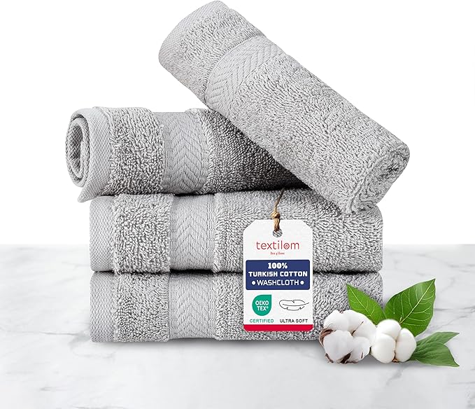 TEXTILOM 100% Turkish Cotton 4 Piece Luxury Washcloth Towel Set for Bathroom & Kitchen, Thick & Super Soft & Highly Absorbent & Quick Dry for Face and Hand- Light Grey