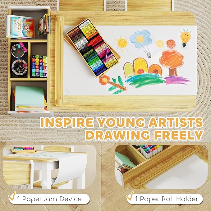 Qaba Kids Art Table & Easel Chair Set with Paper Roll, Toddler Desk and Chairs Set with Storage Shelves and Drawers, Activity Craft and Play Table for Writing Drawing Aged 3-8 Years Old, Natural Wood