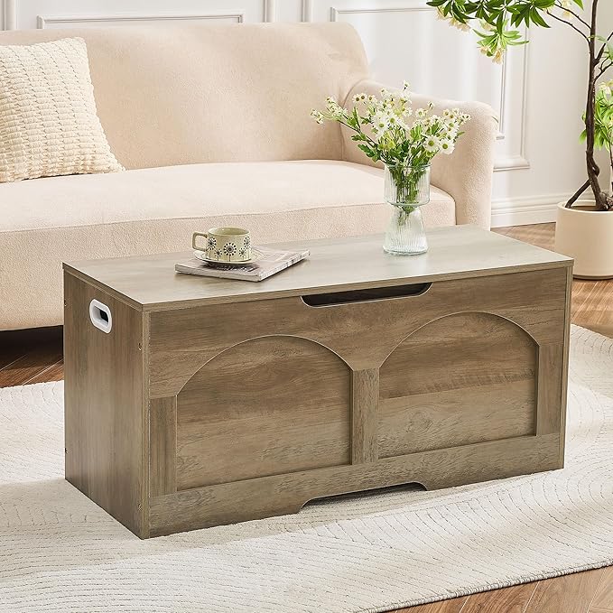 Storage Bench, 39.4" Storage Trunk, Storage Chest with U-Shaped Cut-Out Pull, Upgraded Safety Lift Support Hinge, Supports 330 lb, 39.4" x 15.7" x 18.3", Entryway Storage Bench, Greige