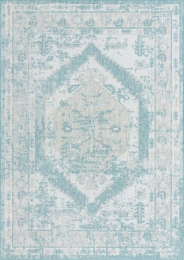 Unique Loom Outdoor Traditional Collection Area Rug - Valeria (7' 1" x 10' Rectangle, Aqua/ Ivory)